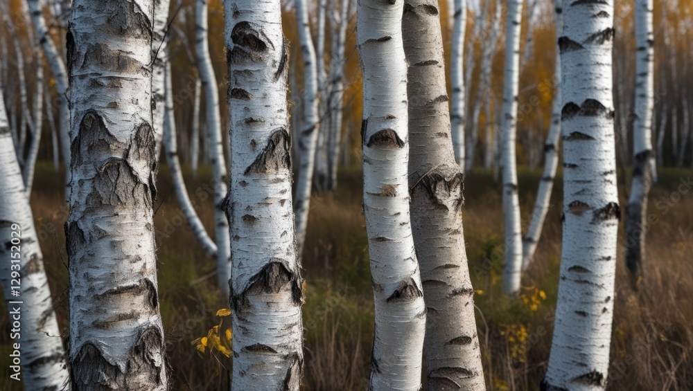 Poster birch tree trunks with distinctive white bark and autumn foliage in a serene forest setting showcasi