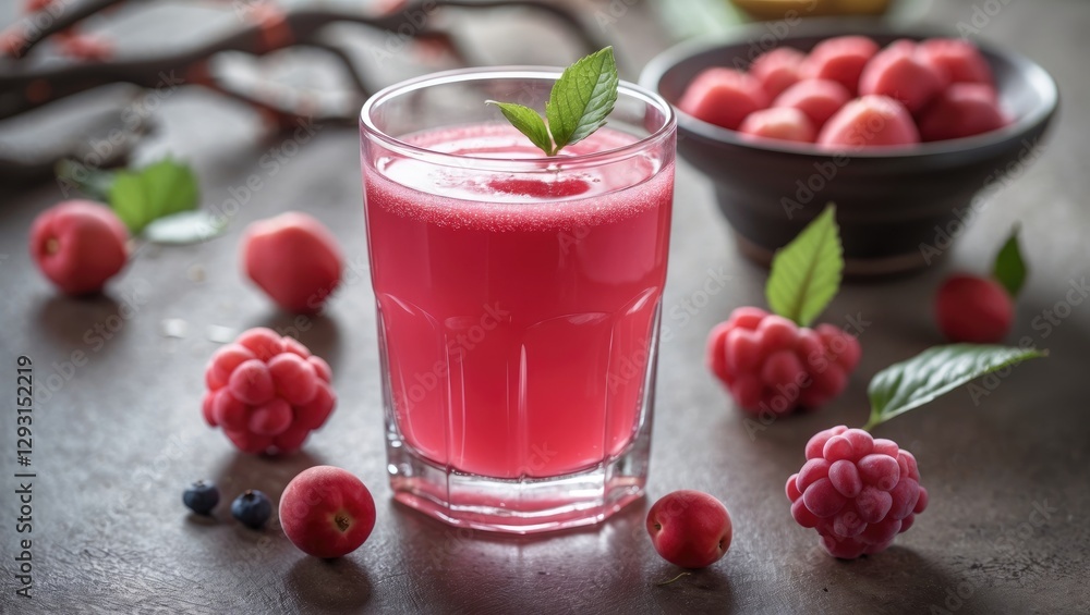 Aufkleber refreshing roselle juice garnished with fresh leaves surrounded by red berries on a rustic table set