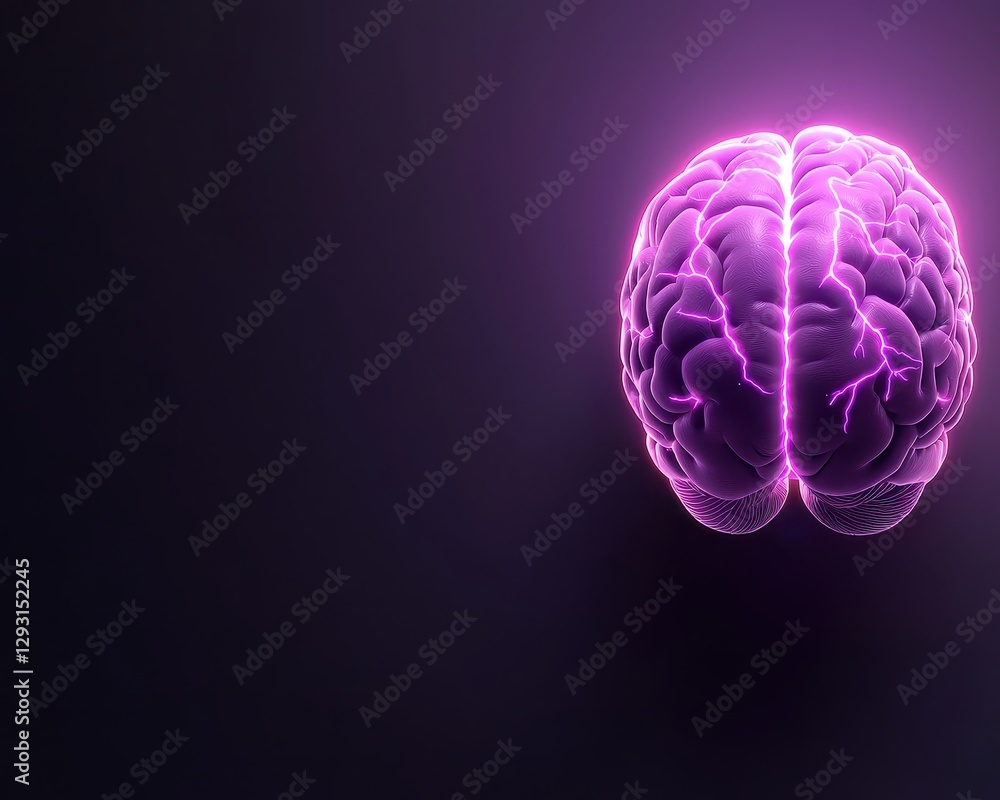 Poster a vibrant and abstract representation of a brain illuminated in purple tones.