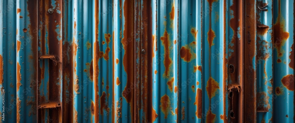 Poster rusty corrugated metal sheet texture in vibrant blue with orange rust patterns showcasing weathered 