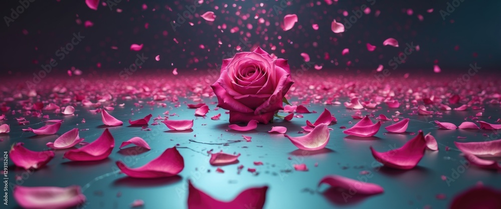 Poster pink rose surrounded by scattered petals floating on a reflective surface with a soft glowing backgr
