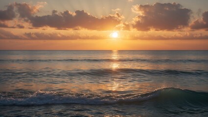 Obraz premium Serene sunrise over calm ocean with golden hues reflecting on water gentle waves and textured clouds creating a tranquil coastal scene