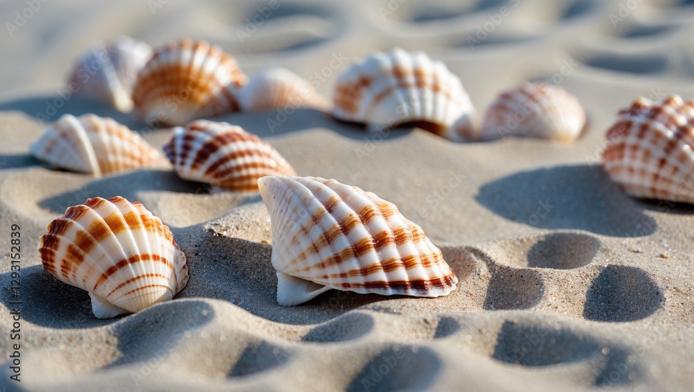 Poster seashells scattered on a sandy beach surface with soft textures and ample space for text overlay or 