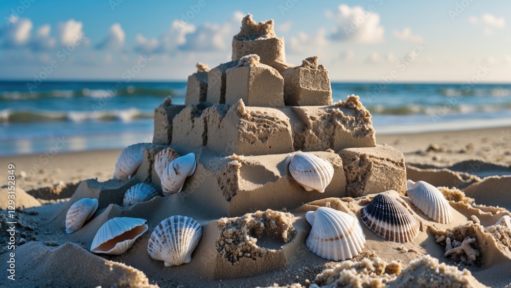 Poster sand castle surrounded by seashells on a scenic beach with gentle waves and soft clouds in the backg
