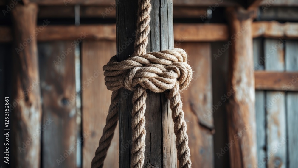 Poster knot tightly fastened around wooden post in rustic setting showing natural texture and craftsmanship