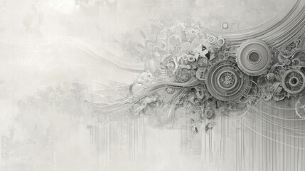 Abstract grayscale design with flowing shapes and elements.
