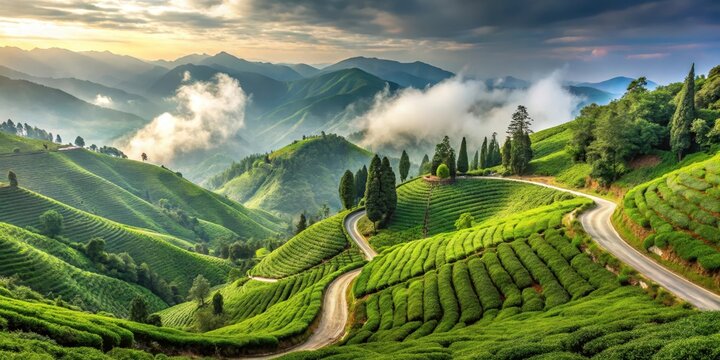 A serene landscape of a winding road surrounded by lush green tea gardens in Kurseong, with the misty Himalayas in the background, overlooking the serene valley , scenic view, hills