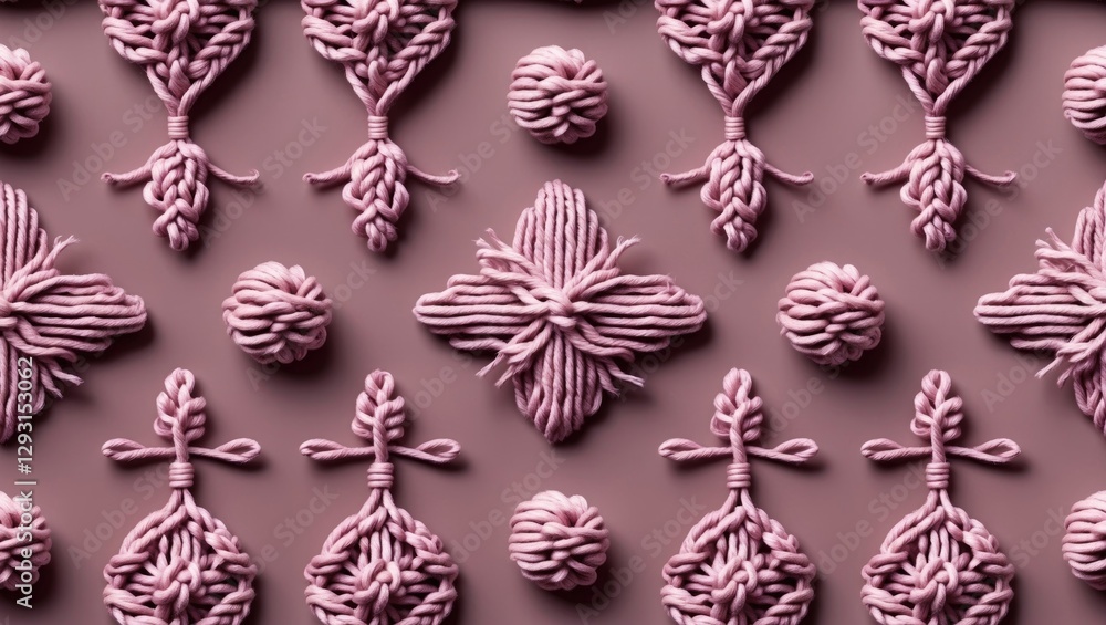 Poster knitted seamless pattern design with intricate dusty pink ornaments and textured yarn elements for t