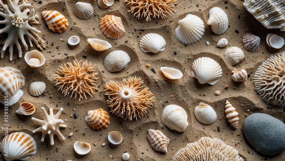 Poster assorted shells corals and stones on sandy beach creating a natural coastal background with textures