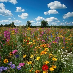 Colorful wildflower meadow under a sunny sky