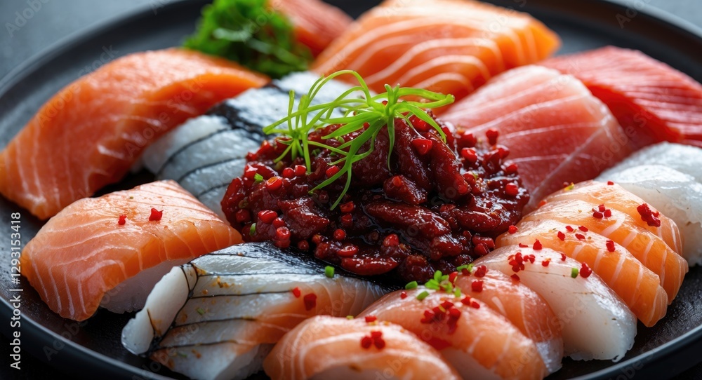 Poster assorted sashimi display with red pepper paste garnish on black plate featuring fresh fish and color