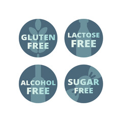 Gluten and lactose free vector label set. Alcohol and sugar free labels or sticker.