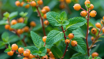 Close-up of vibrant sea buckthorn berries and fresh mint leaves in a lush green setting showcasing nature's beauty and freshness.