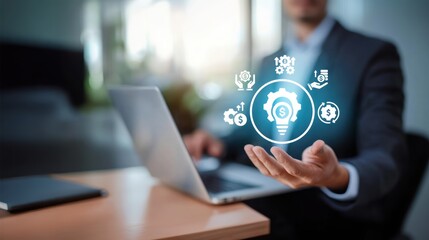 Businessman holding a virtual icon in an office, representing innovative business cost management, financial planning, and smart expense control for business growth