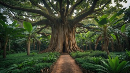 Majestic Samanea Saman tree towering in lush green garden with tropical plants and a winding pathway inviting exploration and tranquility.