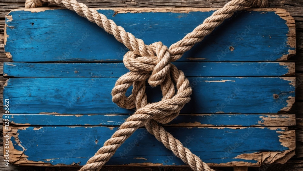 Poster rope tied in a knot on rustic blue wooden planks creating a textured background with space for text 