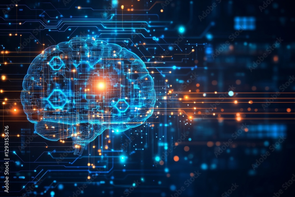 Poster innovative digital representation of a human brain with circuits and glowing elements in a futuristi