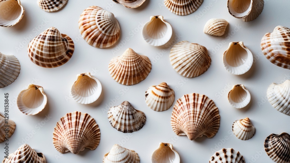 Poster variety of sea shells arranged on white background with blank space for text or graphics