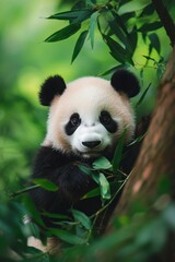 Fototapeta premium Baby Panda Eating Bamboo in Lush Green Forest