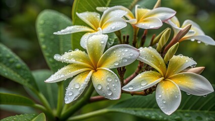 Fototapeta premium Frangipani Bloom: Capturing the exquisite detail of frangipani flowers glistening with water droplets, revealing their delicate beauty and vibrant colors.
