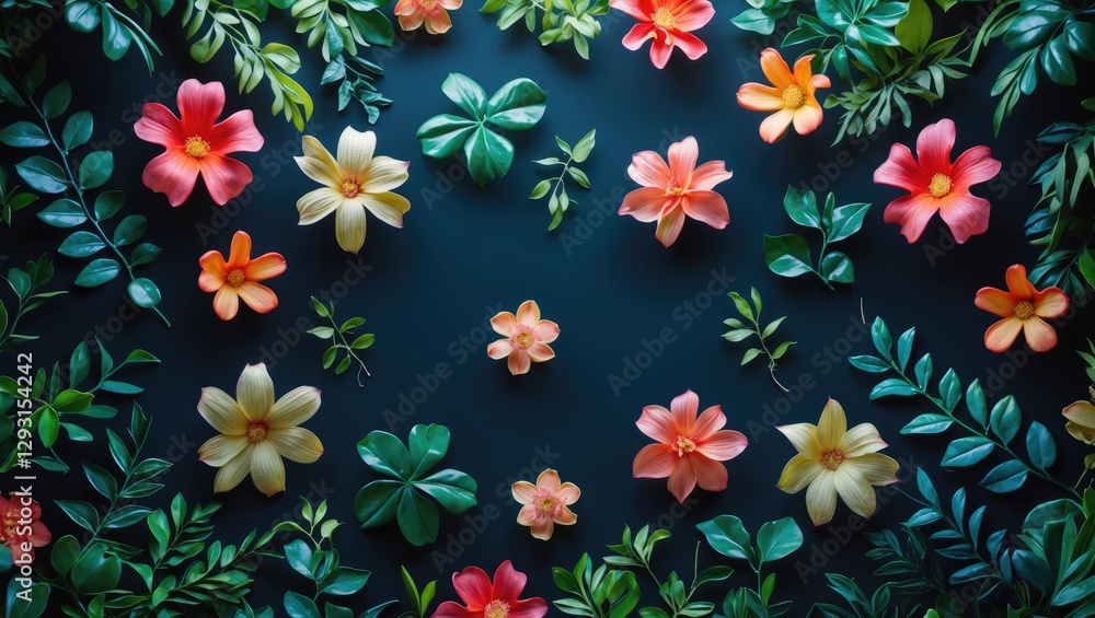 Poster vibrant seamless pattern of artificial leaves and flowers on dark background with space for text and