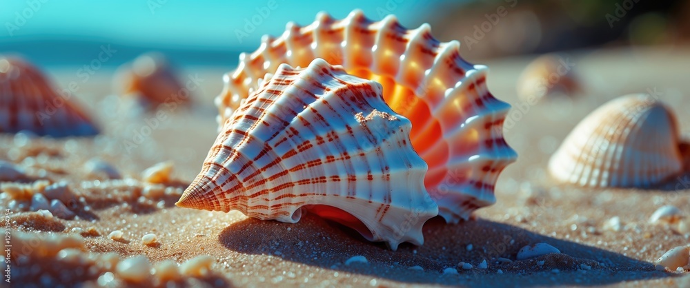 Poster vibrant seashell resting on textured sandy beach with soft sunlight illuminating intricate patterns 