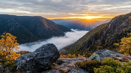 Breathtaking sunrise igniting misty mountain range nature photography scenic view tranquil environment