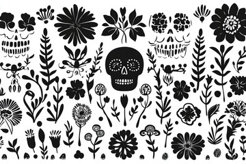 Decorative black and white skull and floral pattern inspired by traditional art styles