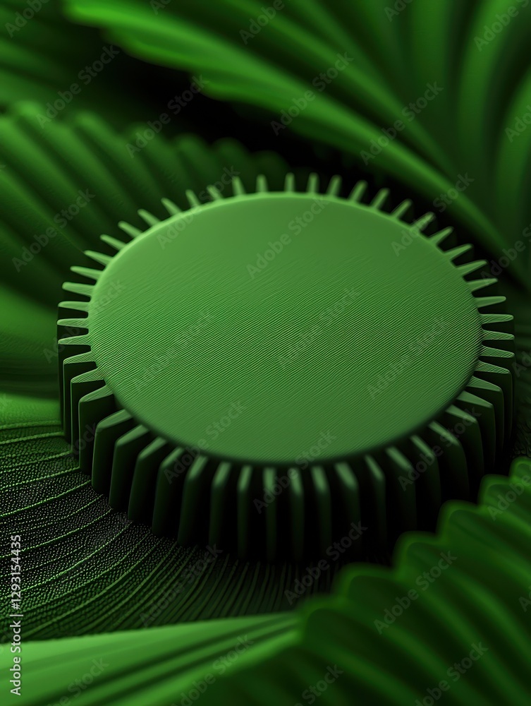 Poster a vibrant green design featuring circular patterns and textured leaves.