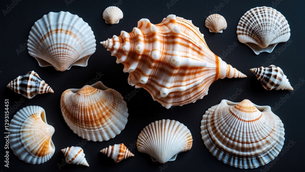 Poster assorted sea shells displayed on a black background coastal and nautical elements for natural and de