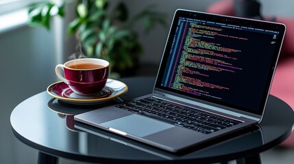 Fototapeta premium Developer's workspace with coding laptop and tea modern home office digital environment cozy setup