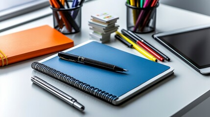 Web design toolkit flat lay with tablet and notebooks in modern workspace setting