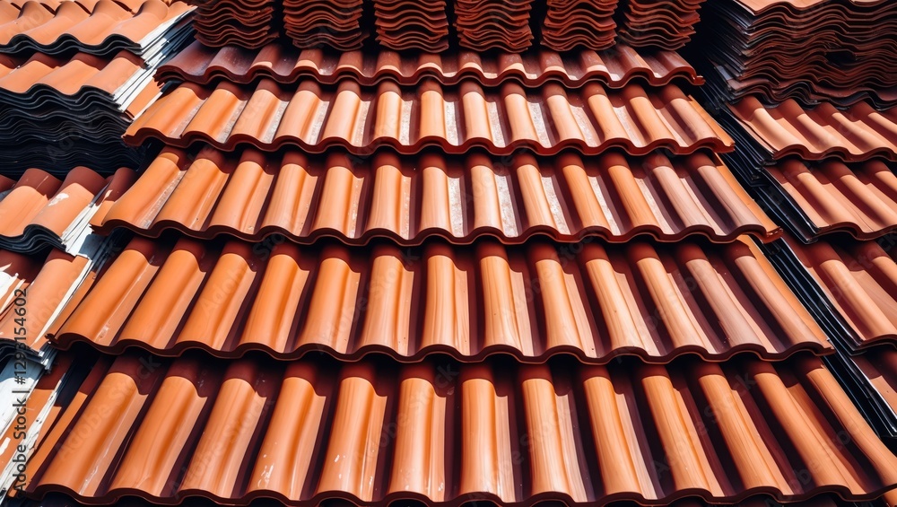 Poster terracotta roof tiles arranged in stacked layers creating a textured background for architectural an