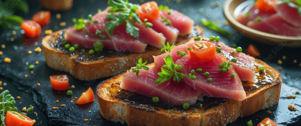 Poster seared tuna toast garnished with fresh vegetables and herbs on rustic slate background with space fo