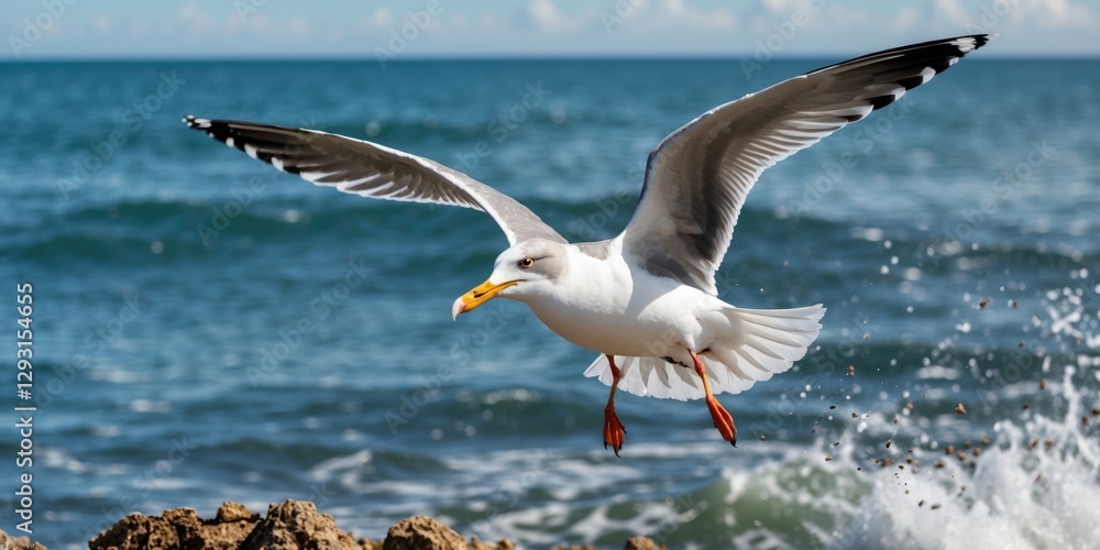 Poster seagull in flight over ocean waves searching for food with space for text overlay