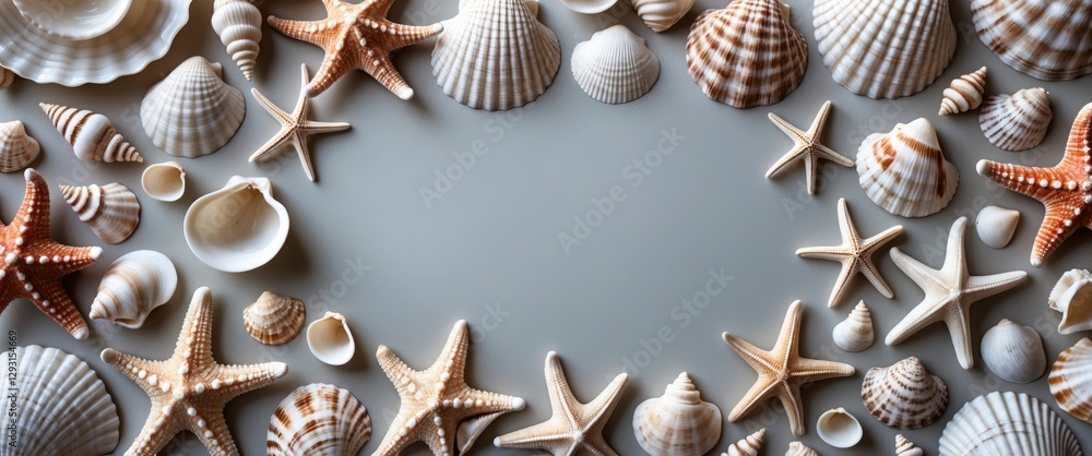 Aufkleber seashells and starfish decoratively arranged on a neutral background with space for text or graphics
