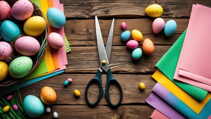 Easter crafting essentials featuring scissors, colorful paper sheets, and decorative eggs on a rustic wooden surface for holiday decor.