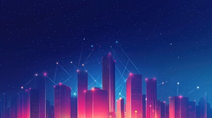 Futuristic city skyline at night, network connections, website banner