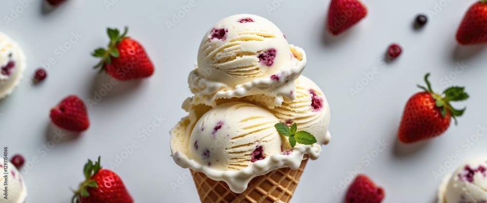 Poster delicious ice cream cone with fresh strawberries and empty space for text on white background