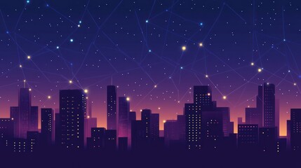 Night city skyline, digital network, starlit sky, urban landscape, tech banner