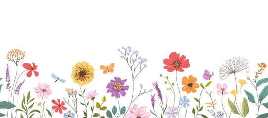 Spring and summer flower pattern seamless background vector. Hand drawn botanical floral, daisy, wildflower, eucalyptus leaves, butterfly. Design for wallpaper, banner, print, website. 