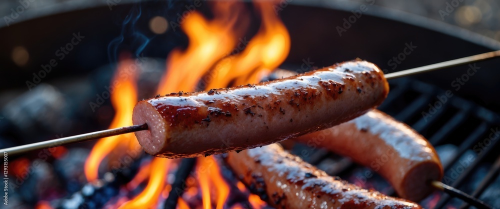 Poster grilled sausage skewers over open fire with flames and charcoal in the background