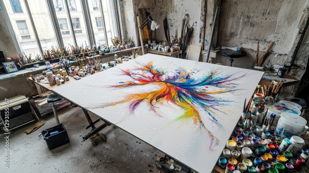 Poster creative artist's studio with large colorful canvas in urban environment artistic expression and ins