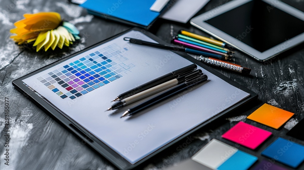 Poster Creative flat lay of color swatches and design tools home office visual art bright environment overhead view