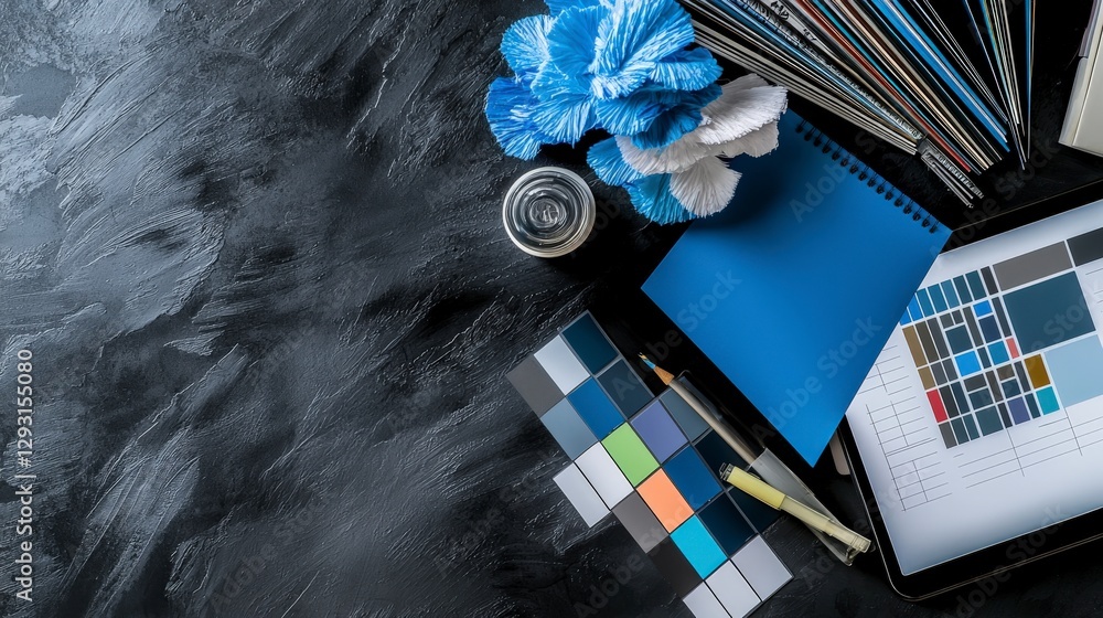 Poster Creative flat lay of color swatches and design elements in modern workspace diverse textures and styles