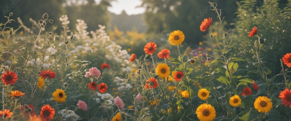 Aufkleber vibrant summer flower field displaying colorful blooms with soft natural light and ample space for t