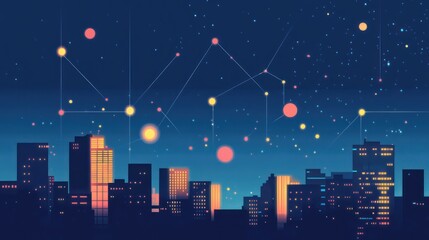 Fototapeta premium Night city skyline, network connections, stars, urban technology