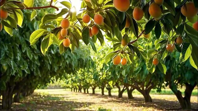 Mango tree garden. Beautiful natural background, growing sweet tropical fruits. Green garden with hanging ripe mango fruits