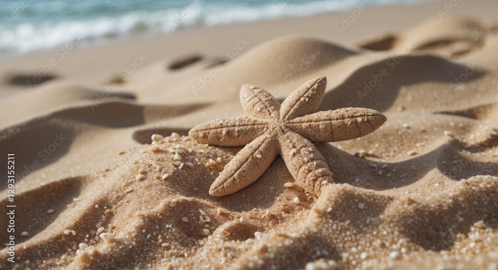 Poster starfish on sandy beach with gentle waves in background ideal for relaxation and coastal themes. nat