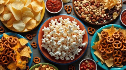 Assorted snacks displayed on colorful plates for a festive gathering